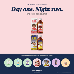 Promotional graphic for D'Chase health products with text and product images on a pink and blue background.