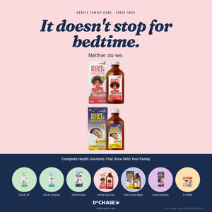 Kotex products on a pink and blue background with text about family care.