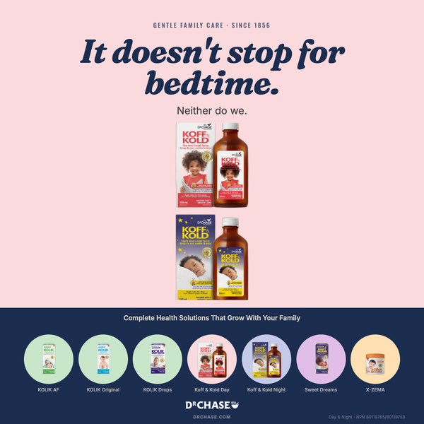 Kotex products on a pink and blue background with text about family care.