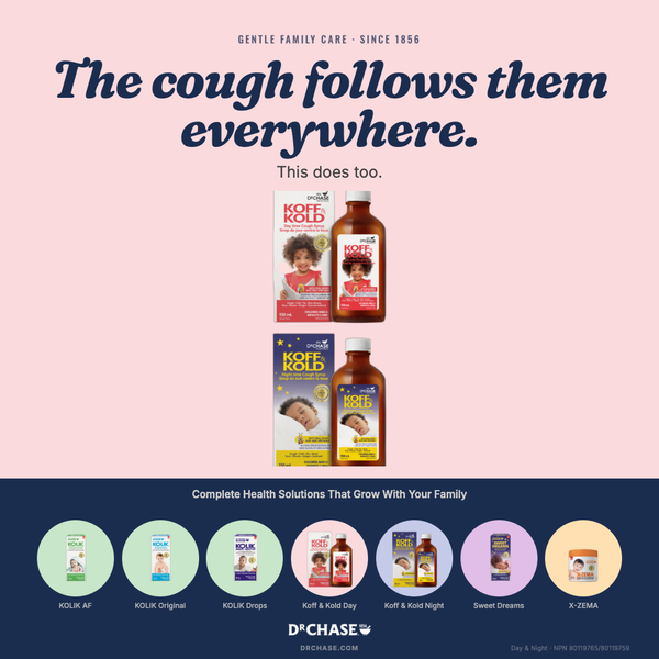 Kotex products on a pink and blue background with text about cough relief.