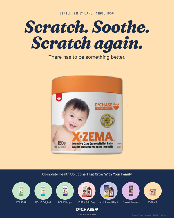 Advertisement for X-ZEMA balm with a baby image on a beige background