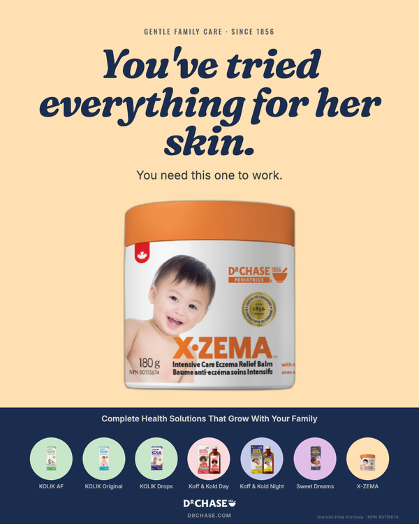 Advertisement for X-Zema baby lotion with a child's face on the packaging against a beige background.