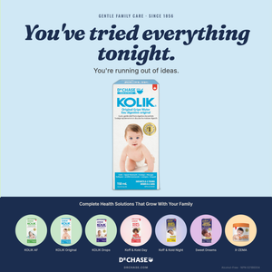 A promotional graphic for D'Chase Kolik Original Care Gave Flow Enema Aggregator, featuring a central product box with a baby illustration and a dark navy footer with circular product thumbnails.