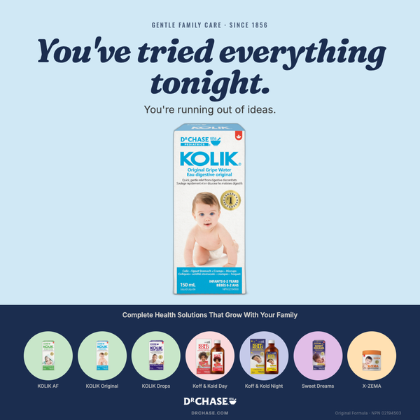 Advertisement for D'Chase Kolik with a baby image on a blue and dark blue gradient background.