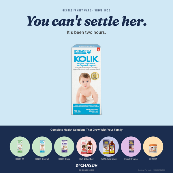 Kolik baby product packaging with text on a blue and navy background