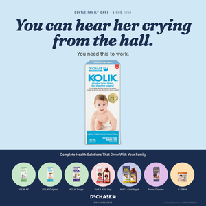 Advertisement for D'Chase Kolik with a baby's face on a blue background