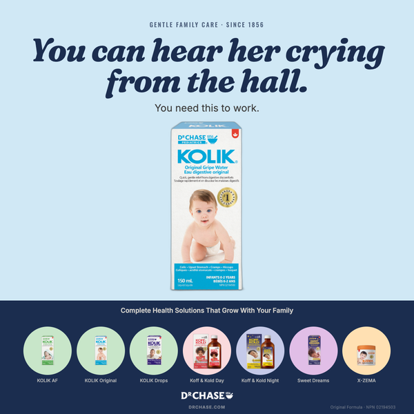 Advertisement for D'Chase Kolik with a baby's face on a blue background