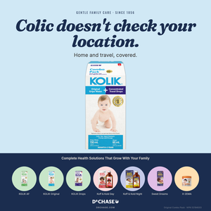 KOLIK baby care product packaging with text on a blue background