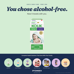 KOLIK alcohol-free product packaging with text on a green and blue gradient background