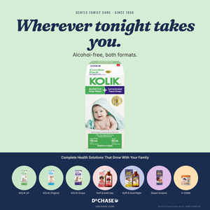 Kolik baby care product packaging with text on a green and blue gradient background