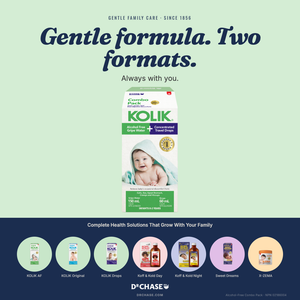 Advertisement for Kolik baby formula packaging with text on a green and blue background