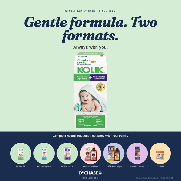 Advertisement for Kolik baby formula packaging with text on a green and blue background