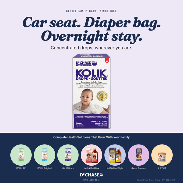 Advertisement for Kolik drops packaging with text about product use and D'Chase brand.