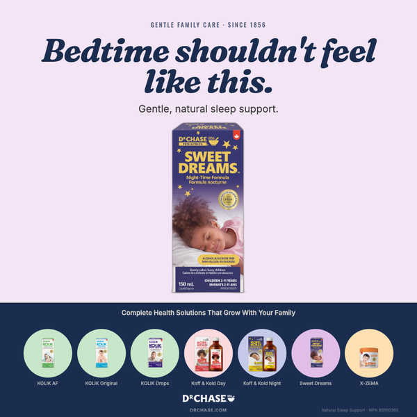 Advertisement for D'Chase Sweet Dreams product with text 'Bedtime shouldn't feel like this.' on a light purple background.