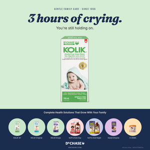 Advertisement for D'Chase Kolik baby product with text and packaging on a green and blue background.