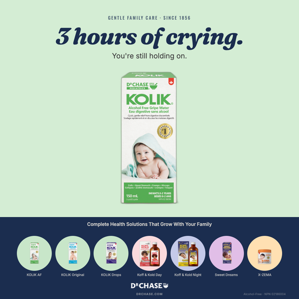 Advertisement for D'Chase Kolik baby product with text and packaging on a green and blue background.
