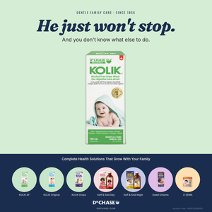 Advertisement for D'Chase Kolik with product packaging and text on a green and blue background
