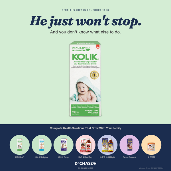Advertisement for D'Chase Kolik with product packaging and text on a green and blue background
