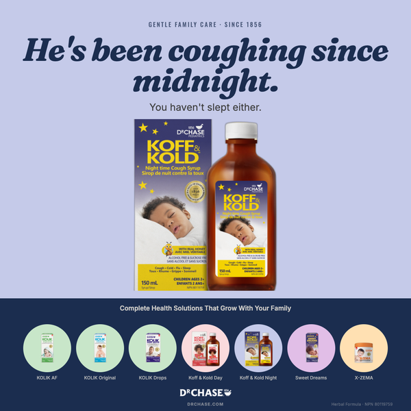 D'Chase Koff-Kold product packaging on a blue background with text about coughing.