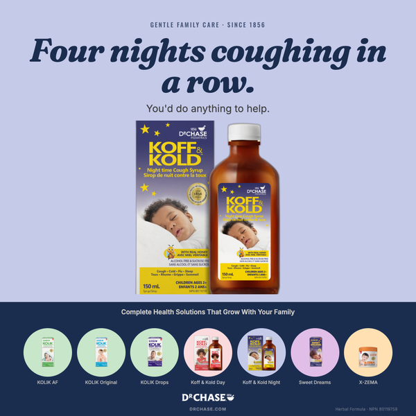 D'Chase Koff-Kold product packaging on a blue background with text about cough relief.
