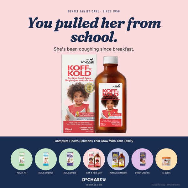 D'Chase Koff Kold products with text on a pink and blue background