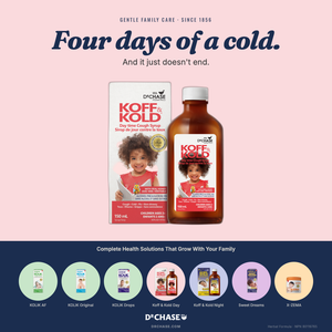 Koff Kold product packaging with a child on a pink and blue background