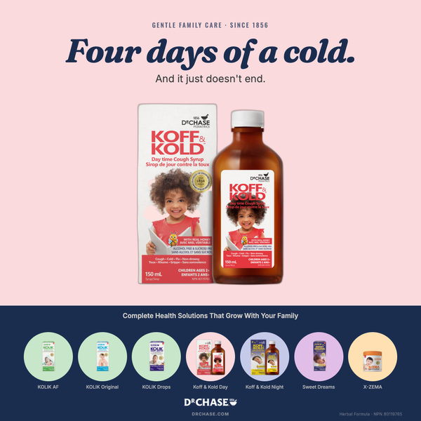 Koff Kold product packaging with a child on a pink and blue background