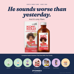 Koff Kold medicine packaging with a child on the label against a pink and blue background.