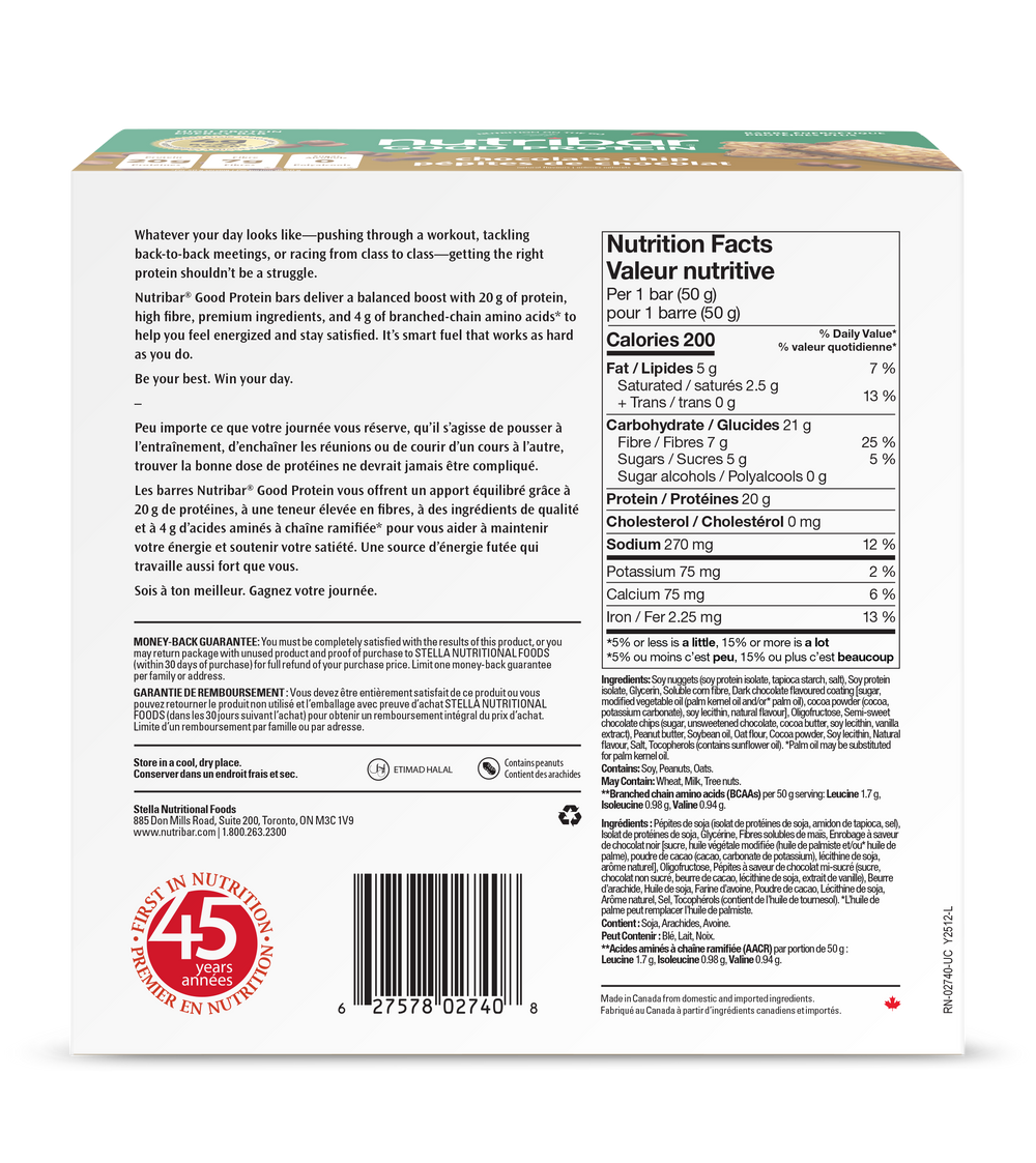 Nutribar Chocolate Chip - Good Protein High Energy Bar - 12 Pack
