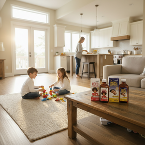 Children playing with toys on a rug in a living room with Koff Kold products on a coffee table.
