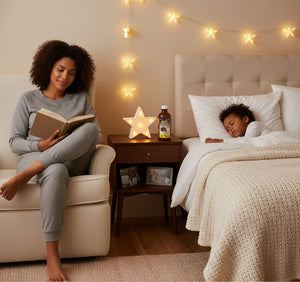 Woman reading a book to a child in a cozy bedroom with string lights.