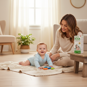 Woman and baby playing on a blanket with a KoliK box in the background