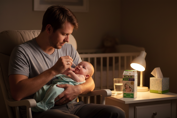 Man feeding a baby in a dimly lit room with a box of Kool-Aid on a nightstand.