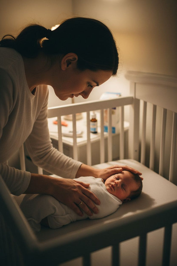 Woman tending to a baby in a crib with soft lighting