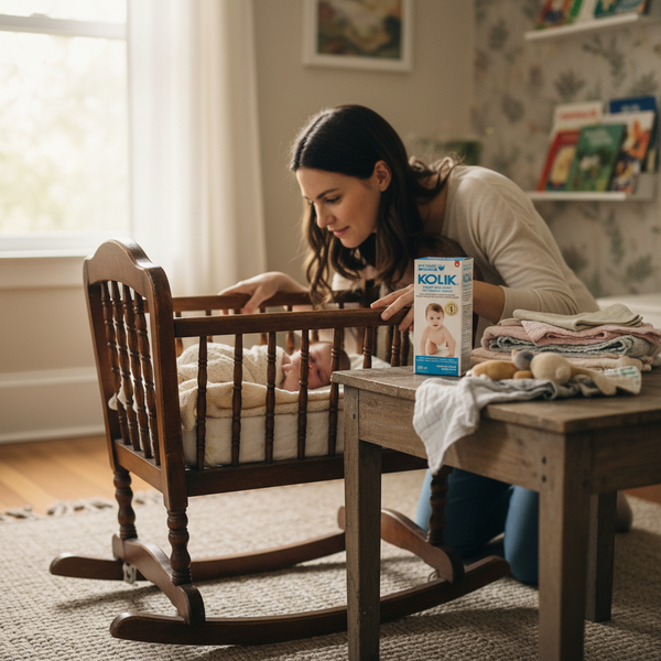 Woman tending to a baby in a wooden crib with a Kollik box on a table.