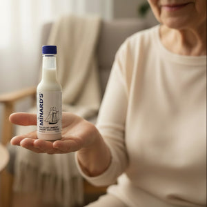 Person holding a bottle of Minard's milk in a home setting