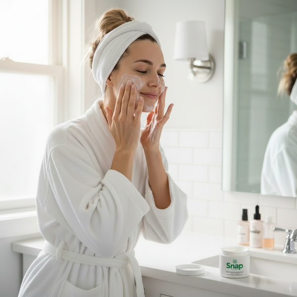 Woman applying cream to her face in a bathroom, wearing a white robe and headband.