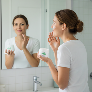 Woman applying cream to her face in front of a mirror, holding a container labeled 'Snip'.