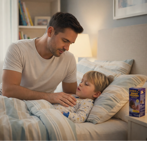 Man and child in bed with a night light on, surrounded by books and a box of tissues.