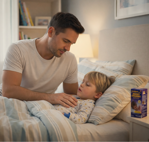 Man and child in bed with a night light on, surrounded by books and a box of tissues.