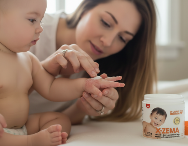 Woman applying cream to a baby's hand with X-ZEMA container in the background